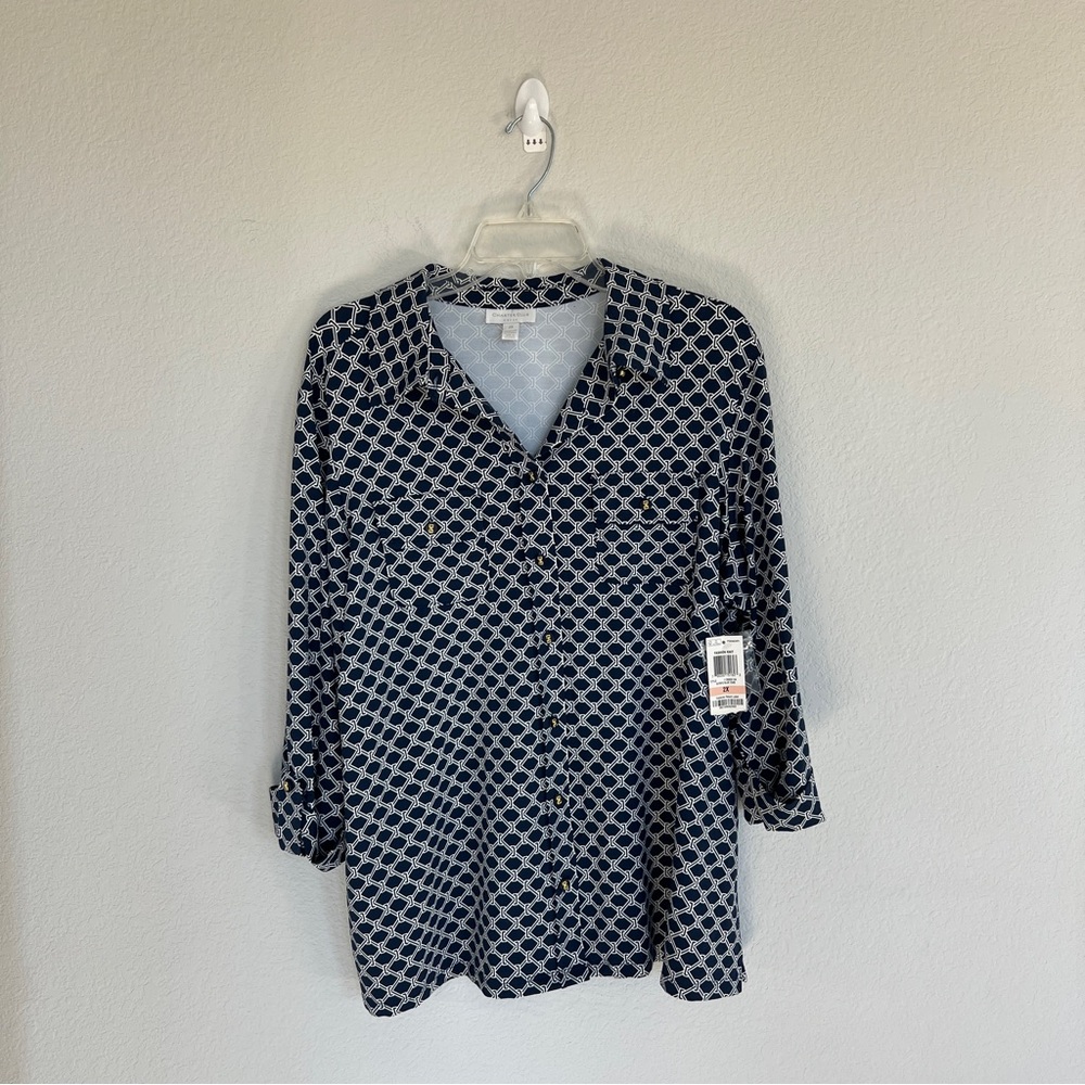 Charter Club Geometric Navy & White Coastal Blouse Size 2X NWT